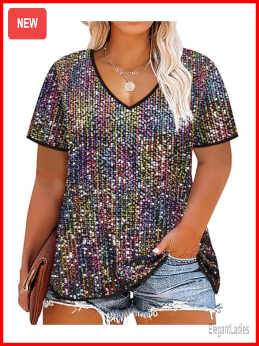 Plus Size Sequin Top Short Sleeve Party Blouse V Neck Sparkle Shimmer Shirt